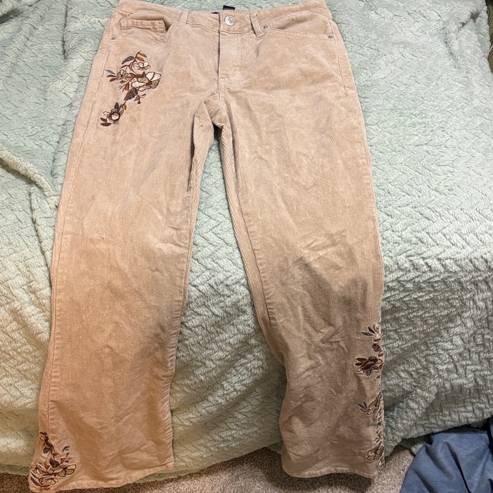 Forever 21 Beige Embroidered Wide Leg Jeans